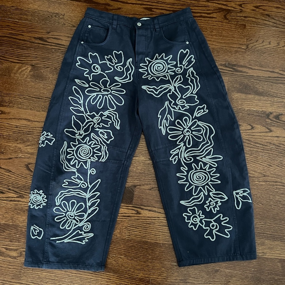 Free people Floral Embroidered Blue Pants